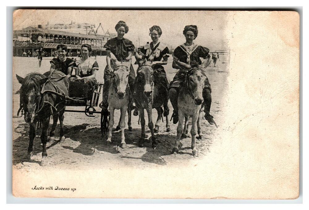 1905 Atlantic City NJ "Jacks with Queens Up" Women Donkey Ride Postcard Beach